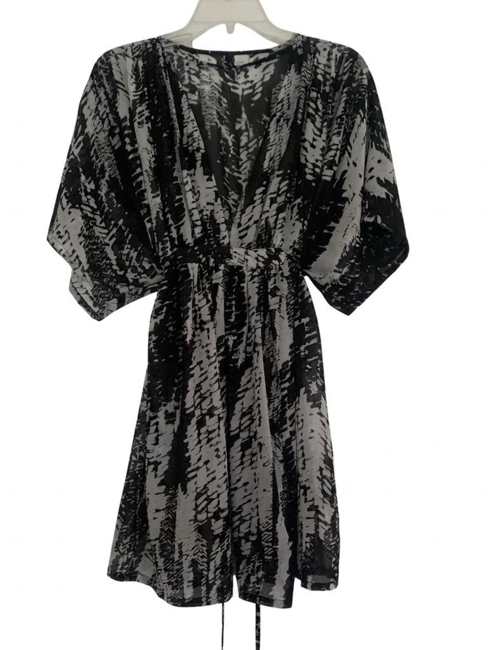Black White Abstract Print Ruched Blouse Draped Top Cover-Up